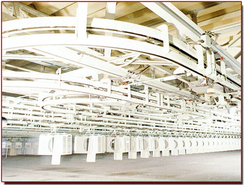  enclosed track conveyor product release suspension